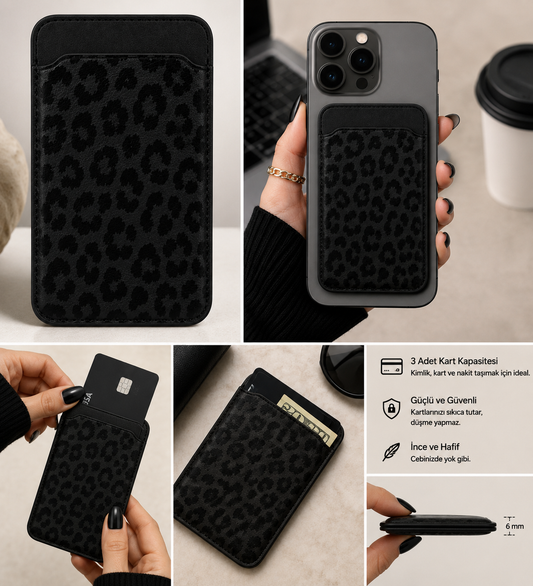 Siyah Leopar Desenli MagSafe Cüzdan